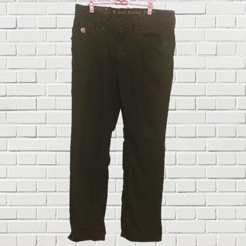 Rock Revival Jeans REVERSE 'R' PATCH FLEUR DE LIS DESIGN 38x32 Black